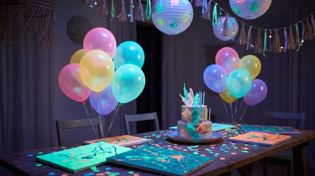 Geburtstagsparty im Dunkeln mit leuchtenden Bildern, Luftballons und Geburtstagstorte